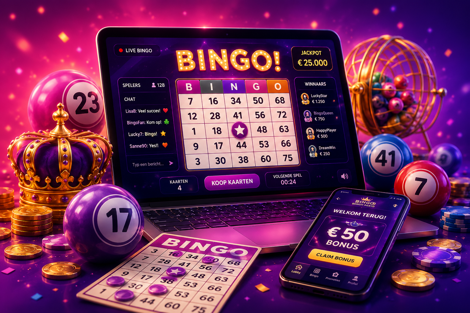 Laptop en telefoon met een kleurrijke online bingo-interface