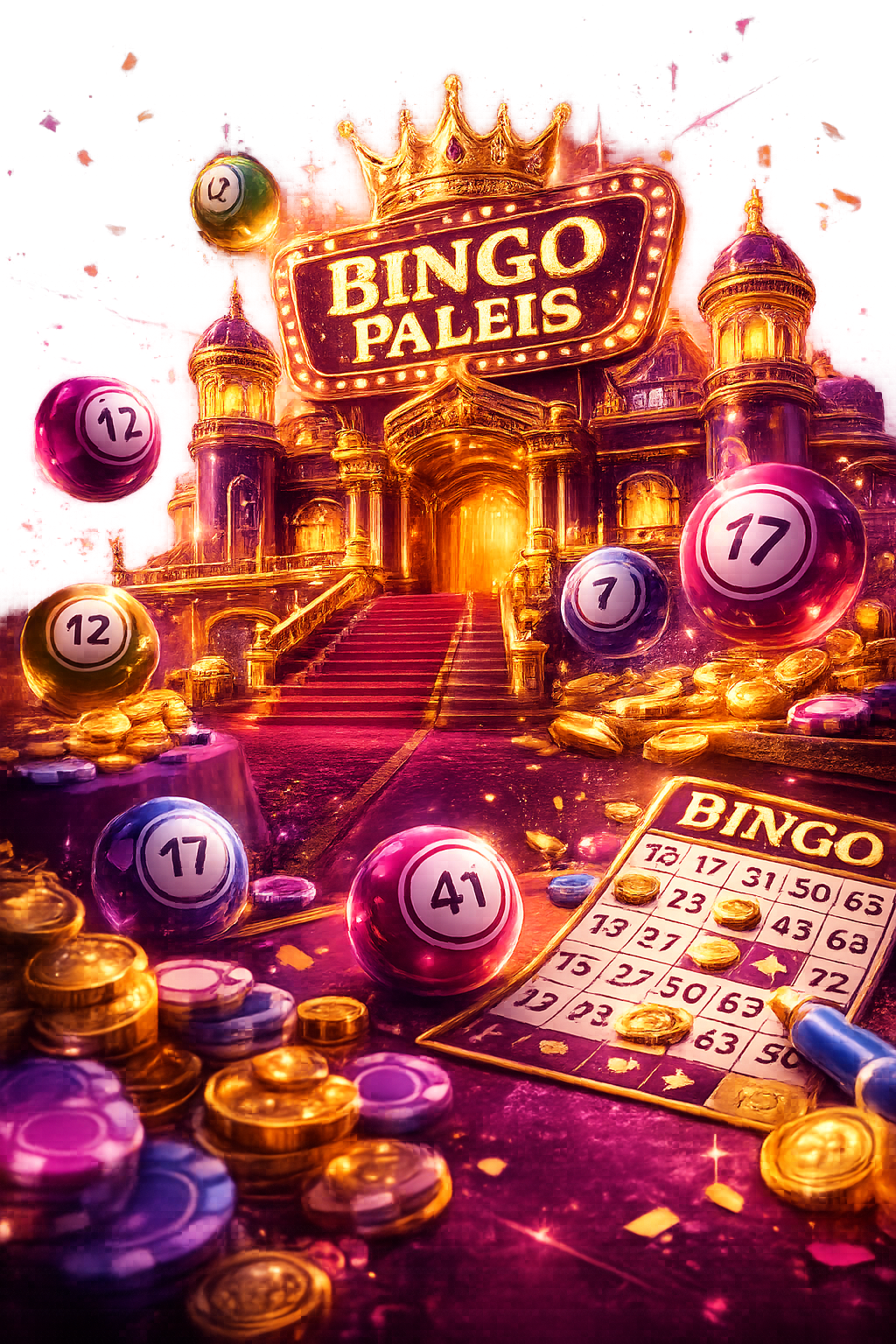 Een kleurrijk bingoscout.nl met bingoballen en bingokaart