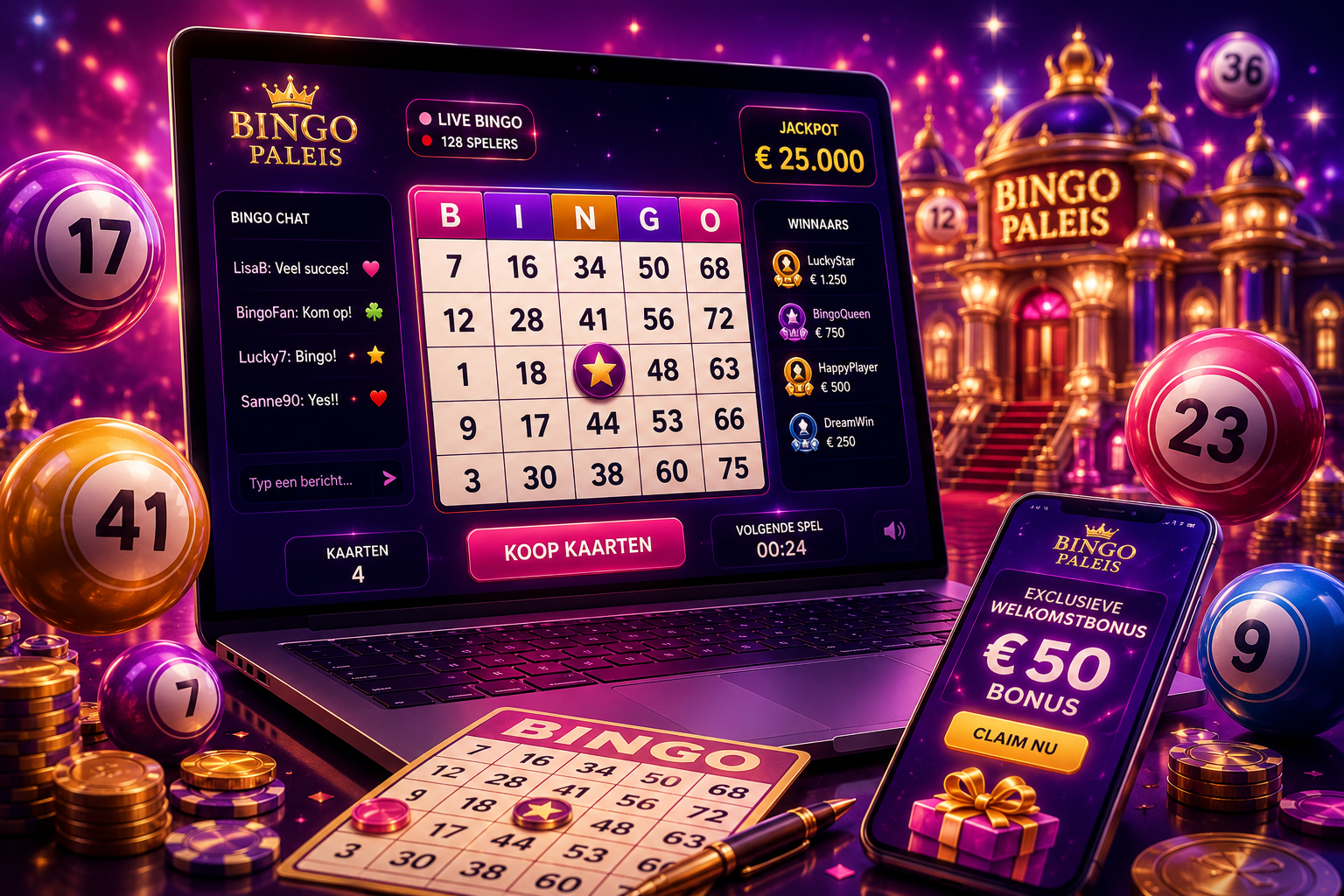 bingoscout.nl veiligheidsschild met bingokaarten en ballen